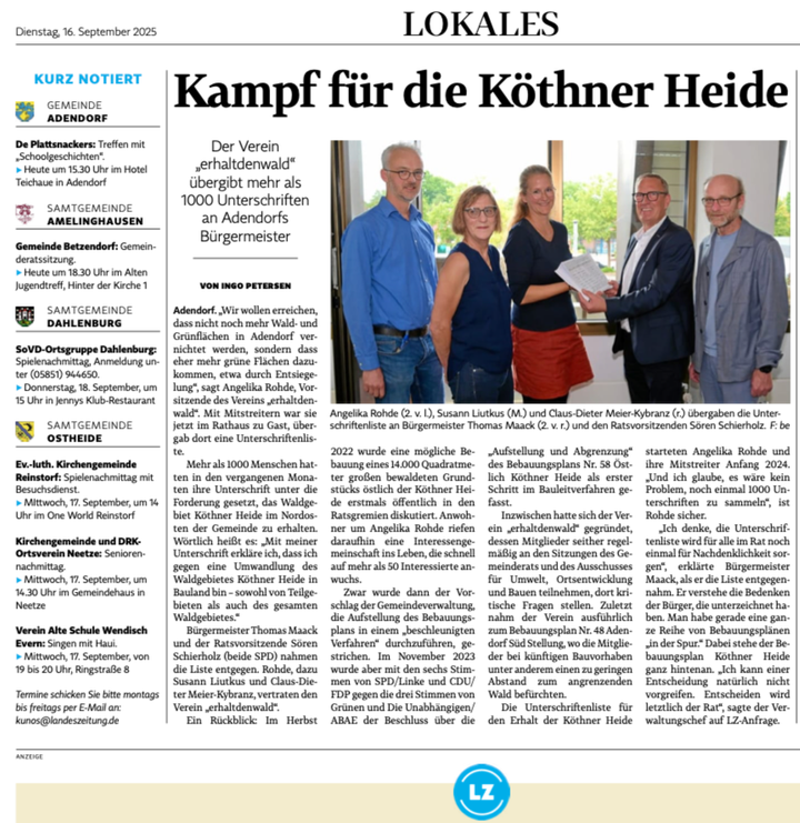 In der Landeszeitung erscheint ein Artikel über die Übergabe unserer Unterschriftenlisten